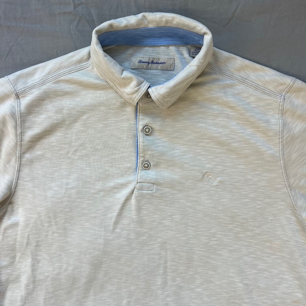 TOMMY BAHAMA Mens Polo Shirt Large Beige Cream Heathered Tencel Polyester Blend